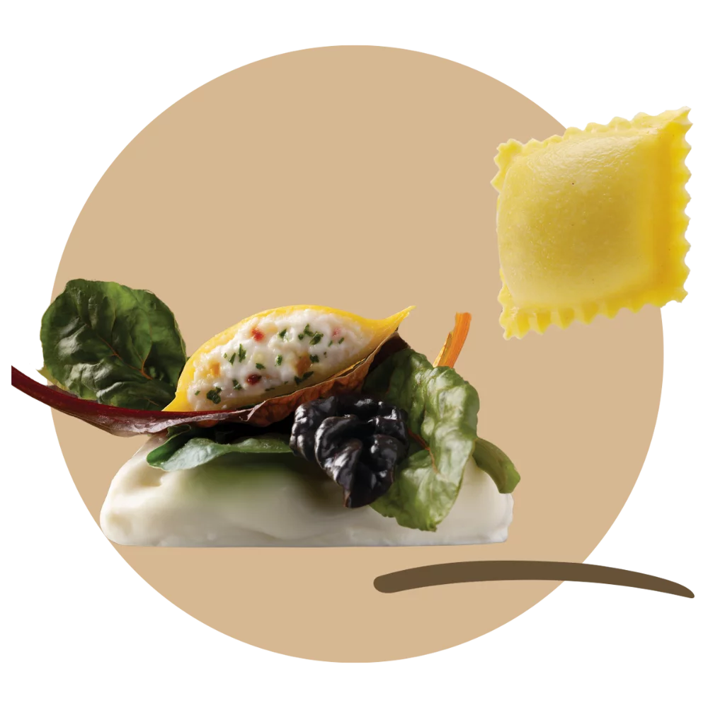 Scrigni® filled with “Squacquerone di Romagna DOP” cheese and tricolor chard